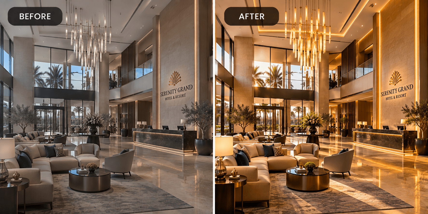 Before and after: a hotel lobby shown with flat, uneven lighting, then with balanced, natural lighting after VORDARY's enhancement