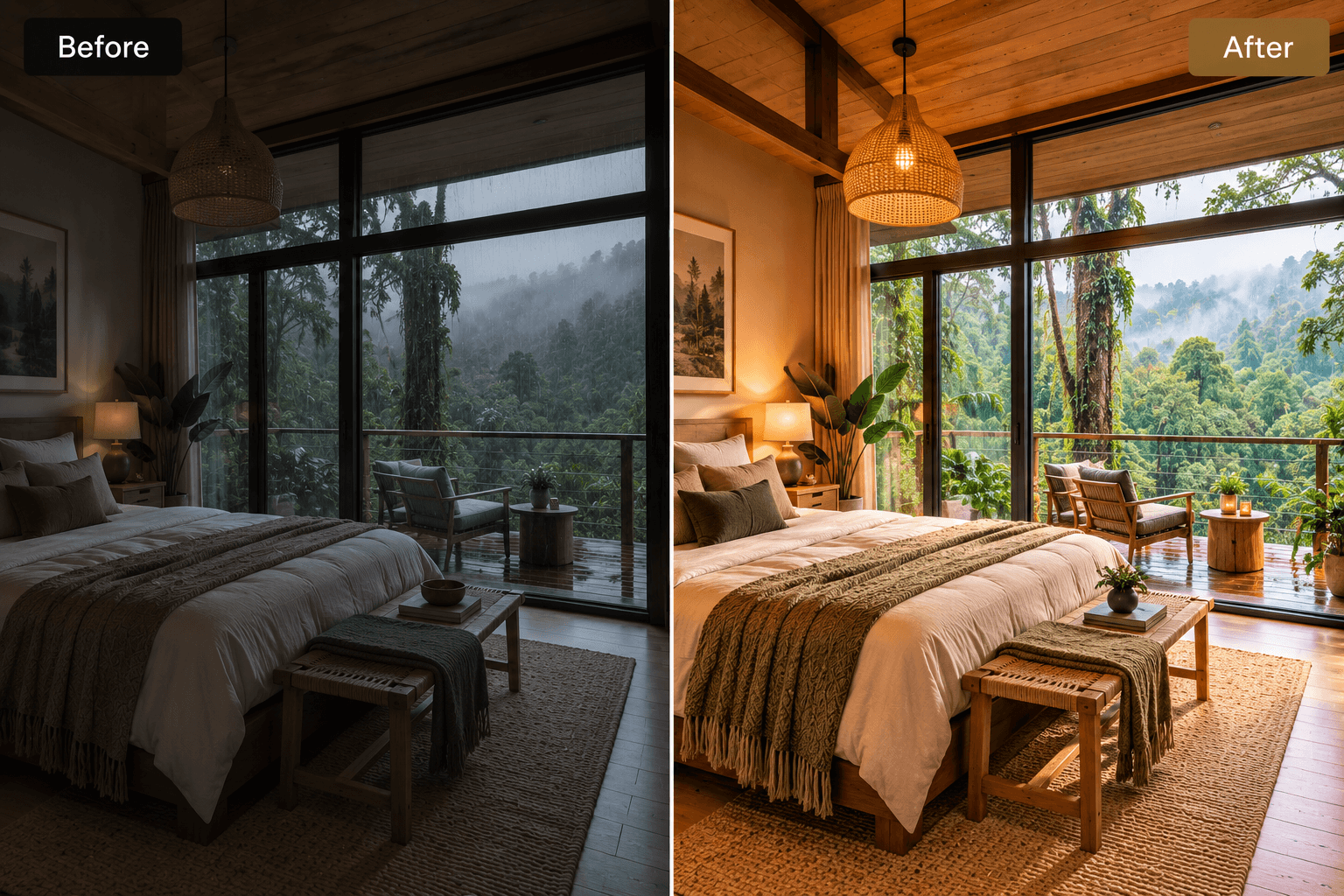 Before and after: a rainforest-view bedroom shown dim and misty, then bright and warmly presented after VORDARY's enhancement