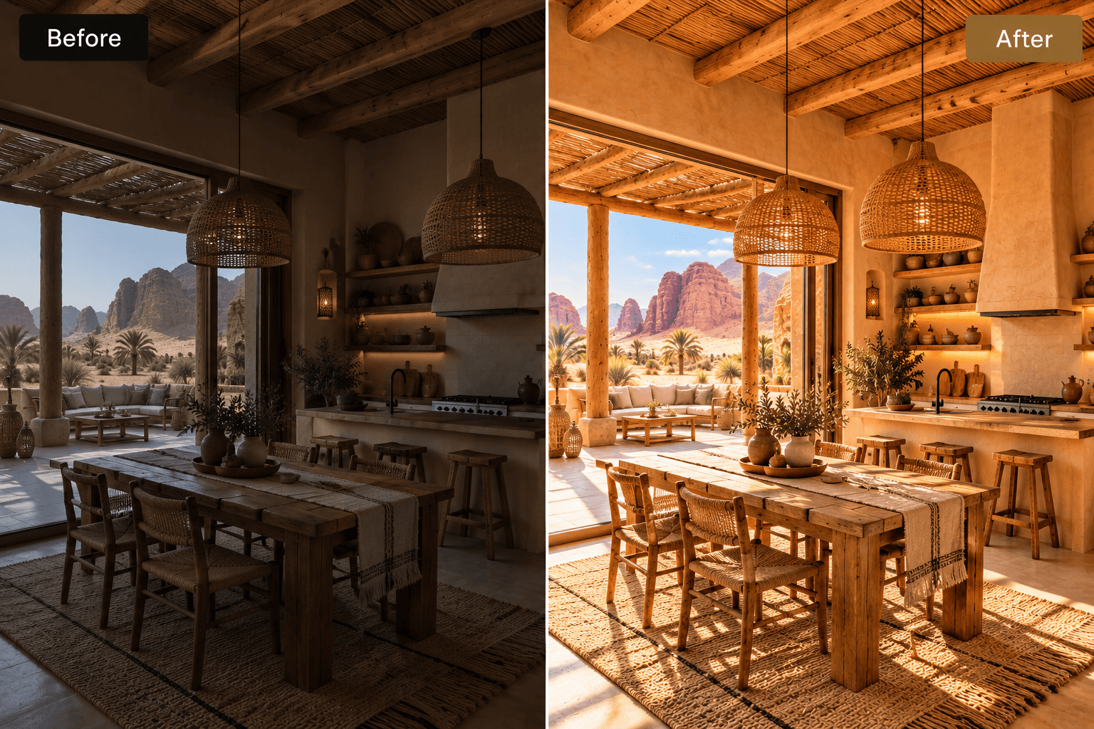 Before and after: a desert-view kitchen and dining area shown dim and flat, then bright and warmly presented after VORDARY's enhancement
